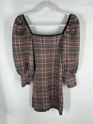 Zara Plaid Puff Sleeve Square Neck Mini Dress Size S thumbnail 2