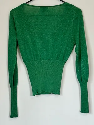 H&M Metallic Green V-Neck Button Cardigan Sweater - Size: Medium thumbnail 6