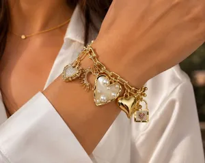 Gold Tone Heart Charm Bracelet Pearl Crystal Paperclip Chain Statement NEW thumbnail 1