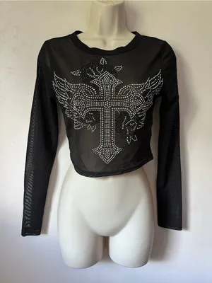 Black Mesh Long-Sleeve Crop Top with Rhinestone Cross thumbnail 1