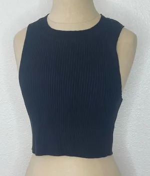 Aerie Size Medium Raw Hemmed Crop Top Ribbed Solid Black Tank thumbnail 1