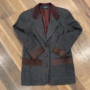 Houndstooth Harve Benard Vintage Leather Trim Blazer Jacket Size Medium thumbnail 6
