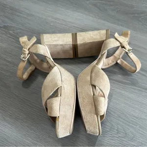 Sam Edelman Leather Suede Beige Cream Strappy Slingback Block‎ Heels Size 9 thumbnail 4