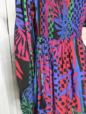 Oddi Zoe Floral Tropical Leaves Dress Size L Smocked Back Long Sleeve NWT thumbnail 10