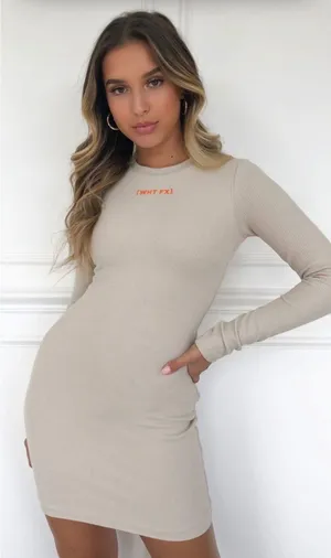 White Fox Still the One Waffle Knit‎ Long Sleeve Bodycon Mini Dress WHT FX Logo thumbnail 1