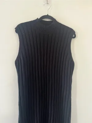 Black Ribbed Knit Midi Dress Large Sleeveless Mock Neck Minimalist Capsule thumbnail 2