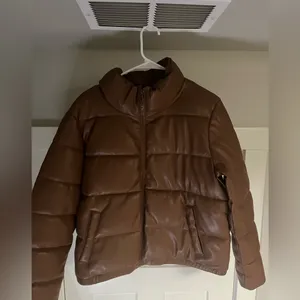 Brown leather Puffer Jacket thumbnail 1
