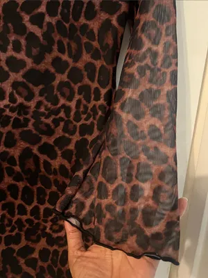 Leopard Print Bell Long Sleeve Sheer Dress - Brown Animal Print Y2k Mesh Sheer thumbnail 4