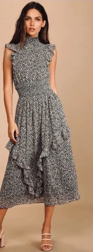 Lulus Evalina Black Floral Print Mock Neck Midi Dress Size Small thumbnail 1