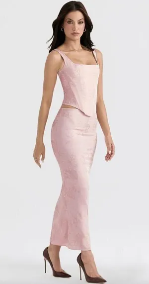 HOUSE OF CB Luisette Floral Satin Midi Skirt in Pink Metallic Size Small thumbnail 14