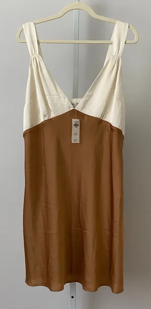 Abercrombie Satin Ethereal Clean Minimalist Colorblock Slip Dress XL Brown White thumbnail 1