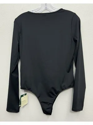 NWT Halara Round Neck Long Sleeve Bodysuit Size large Black Bodycon Stretch Fit thumbnail 2