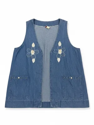 Vintage Embroidered Floral Denim Vest Pearl Studded Boho Western Cottagecore M thumbnail 2