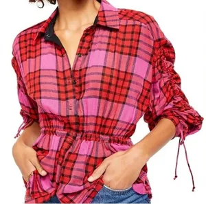 Free People Pacific Dawn plaid shirt snaps drawstring pink sz L M thumbnail 1