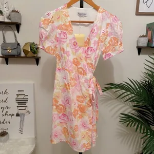 Charlie Holiday Calile Floral Wrap Mini Dress Linen Puff Sleeve Cottagecore thumbnail 7