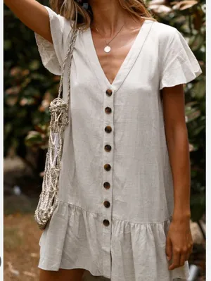 Olivaceous Button Down Ruffle Mini Bohemian Dress thumbnail 1