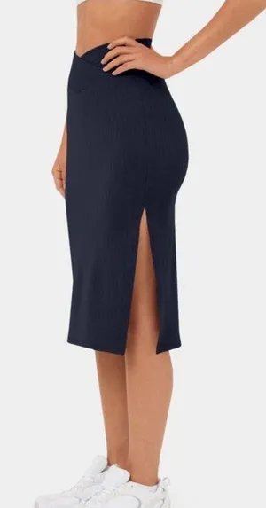 Halara NEW Ribbed Knit High Waisted Crossover Side Split Bodycon Midi Skirt M thumbnail 3