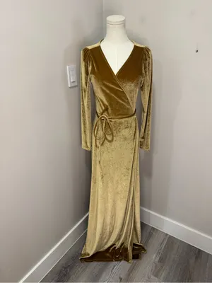 Baltic Born Sofia Velvet Wrap Maxi Dress Gold Long Sleeve V-Neck Medium thumbnail 2