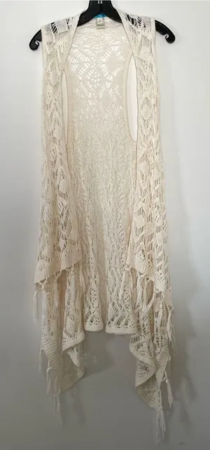 Boho Crochet Knit Fringe Duster Cardigan Womens Large Cream White Festival Beach thumbnail 1