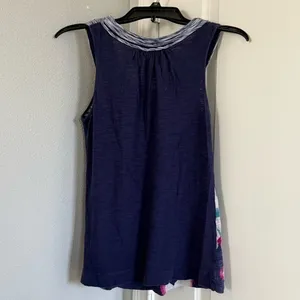 Anthropologie XS Navy Floral Tank Top Boho Beaded Scoop Neck Embellished Blouse thumbnail 9