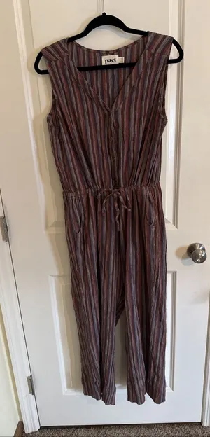 Pact Organic Cotton Cropped Jumpsuit Romper Women's Med Brown Striped Boho Fall thumbnail 1