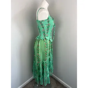 Women's Green Sheer Floral Ruched Tiered Ruffle Garden Party Whimsical Dress thumbnail 3