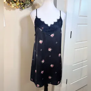 Abercrombie & Fitch Navy Floral Satin Slip Dress Eyelash Lace Sz S💛 thumbnail 10