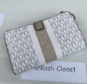 Michael Kors Light Sand Multi Double Zip Wristlet MK Signature Stripe JetSet Bag thumbnail 3