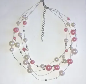 Silver Tone & White Pink Faux Pearl Beaded Boho Multi Strand Wire Necklace thumbnail 5