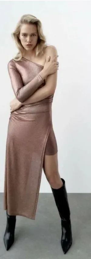 NWT Zara Metallic Bronze One Shoulder Ruched High Slit Asymmetrical Maxi Dress S thumbnail 1