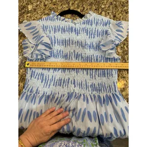 J Marie Dress Abstract Polka‎ Dot White Blue Smocked Size Large Flutter Sleeve thumbnail 8