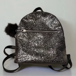 Black Glitter Faux Leather Mini Backpack with Pom-Pom Charm & Zippered Pockets thumbnail 4