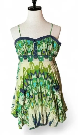 Aryeh Green‎ Blue Babydoll Kaleidoscope Print Cotton Mini Dress Straps Large thumbnail 1