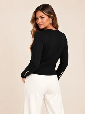 ZARA Black Classic Knit Cardigan Metallic Gold Snap Button V-Neck Sweater Small thumbnail 3