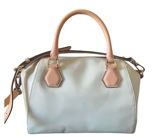 Kate Spade NEW YORK-MINT MOJITO PIPPA PARNELL STREET LEATHER SATCHEL Perfect spring bag, mint green white tan handle and crossbody strap, top zip closure, stripe print interior, inside zip pocket, inside two open pockets, amazing condition, there are two call outs, a small smudge on the bottom of the bag and a small smudge on one corner, please see the last two pictures **This bag is preowned and is being sold as is** thumbnail 8
