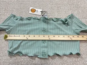 Ribbed Off-Shoulder Button Crop Top in Sage Green Size S Shell 91% Tencel thumbnail 7