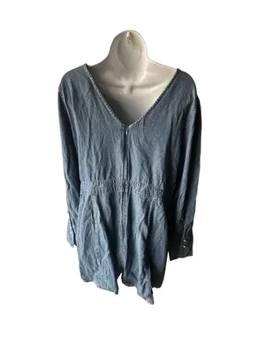 Something Navy Chambray Denim Romper Long Sleeve Puff Sleeve Size XL thumbnail 2