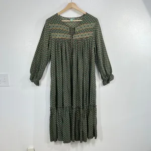 April Cornell Candlelight Smock Dress Large L Olive Green Block Print Boho Midi thumbnail 3