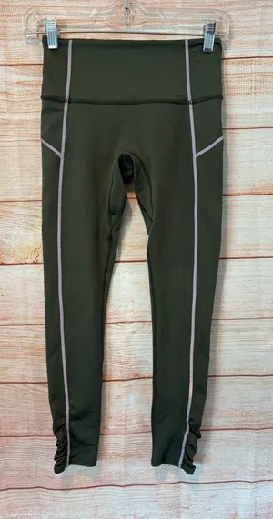 Free People FP Movement Olive Green Leggings with Pink Accent Stitching thumbnail 1