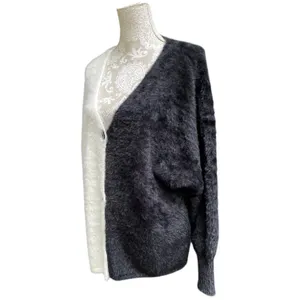 Black White Colorblock Fuzzy Cardigan Sweater Size XL Oversized Drop Shoulder thumbnail 6
