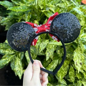 NEW Minnie Mouse Disney Movie Theme Sequin Glitter Ears Headband Polka Dot Bow thumbnail 2