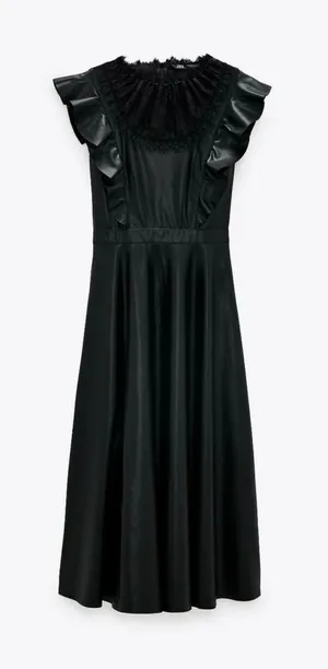 Zara Black‎ Faux Leather Lace Trim Ruffle Midi Dress Sleeveless Small thumbnail 1