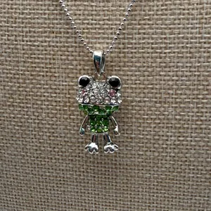 Silver‎ Green Rhinestone Frog Pendant Necklace Ball Chain Kidcore Coquette thumbnail 3