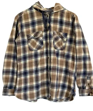 Carhartt Women’s L 12/14 Hooded Plaid Flannel Shirt Brown Blue Button Front thumbnail 1