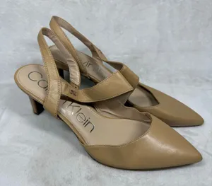 Calvin Klein Tan Leather Pointed Toe Slingback Asymmetrical Strap Heels 9.5‎ thumbnail 1