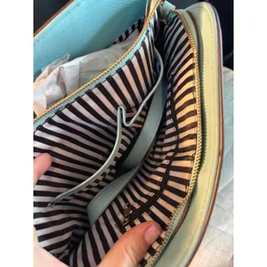 Blue Saffiano Dome Satchel Bag with Gold Heart Detail and Striped Lining thumbnail 9