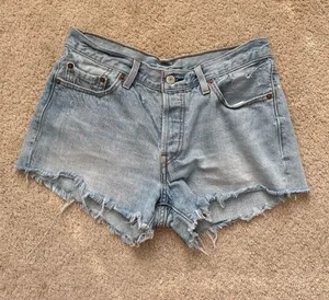 Levi's 501 Light Blue Distressed Denim Cutoff Shorts thumbnail 1