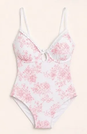 New No Boundaries Women’s Pink Toile Floral One Piece Swimsuit Large 12-14 NWOT thumbnail 1