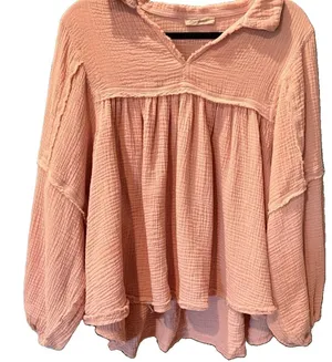 Ces femme Pink Cotton Collared Peasant Balloon Sleeve Gauze Blouse Oversized S thumbnail 1