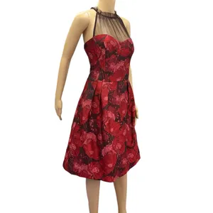 Maggy London Red Jacquard Cocktail Wedding Guest Illusion Yoke Dress Womens 16 thumbnail 5